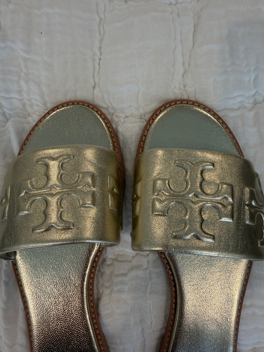 Tory Burch Metallic Gold Logo Slide Sandals - Gold - Picture 2 of 4